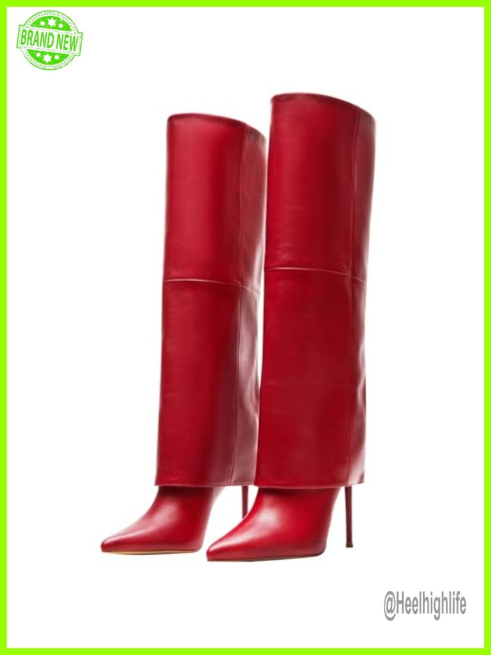 Fold Over Pointed Toe Knee High Stiletto Boots Faux Leather